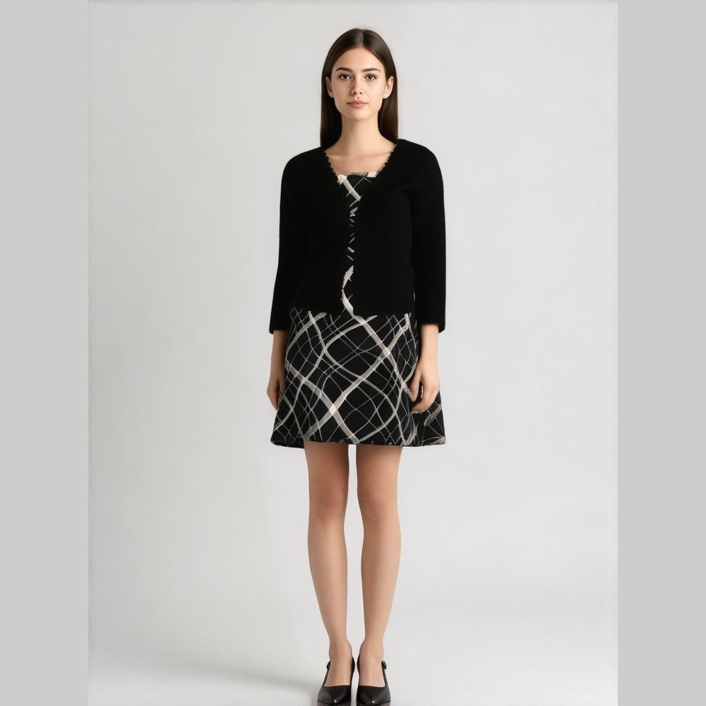 GAS.CO Black & White Abstract Dress with Black Sweater Shrug Set Size M NEW - Picture 1 of 15